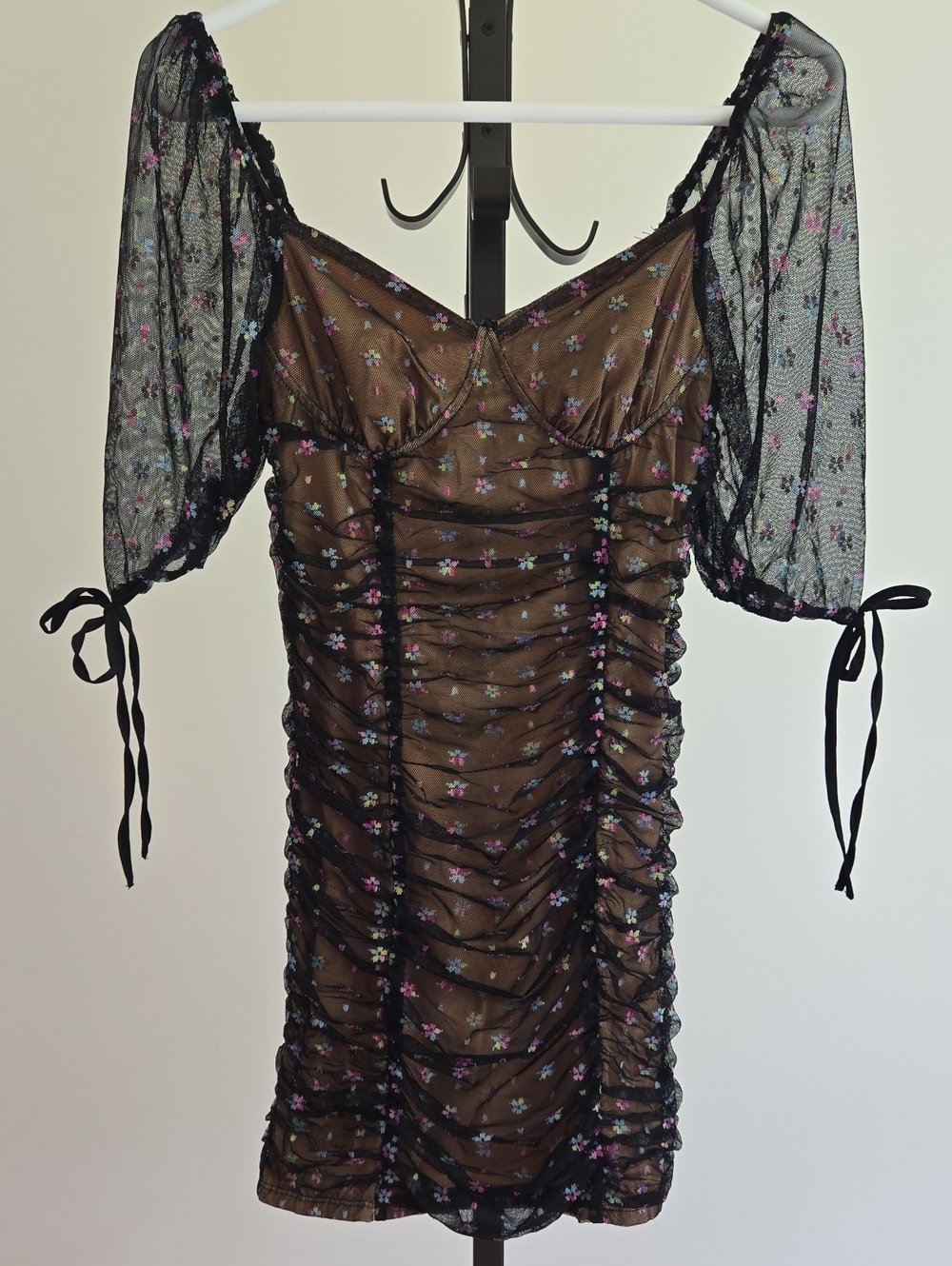 Blue Blush Black Sheer Ruched Mini Dress with Pink & Blue Floral Embroidery